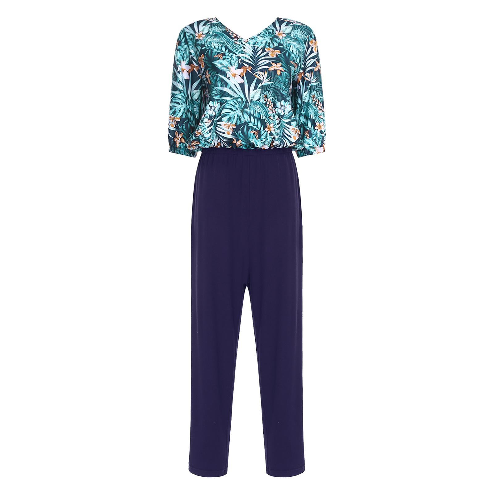

Womens Alzheimer Elderly Anti Strip Adaptive Printed Jumpsuit V Neck 3/4 Sleeve Wide Leg Pants Back Zipper Nursing Rompers L