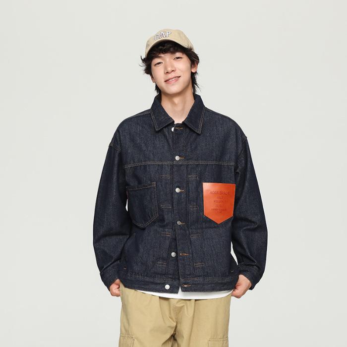 Spring Large Size Loose American Tooling Jacket Primary Color Washed Pure Cotton Pocket Splicing Denim Jacket Men'S
