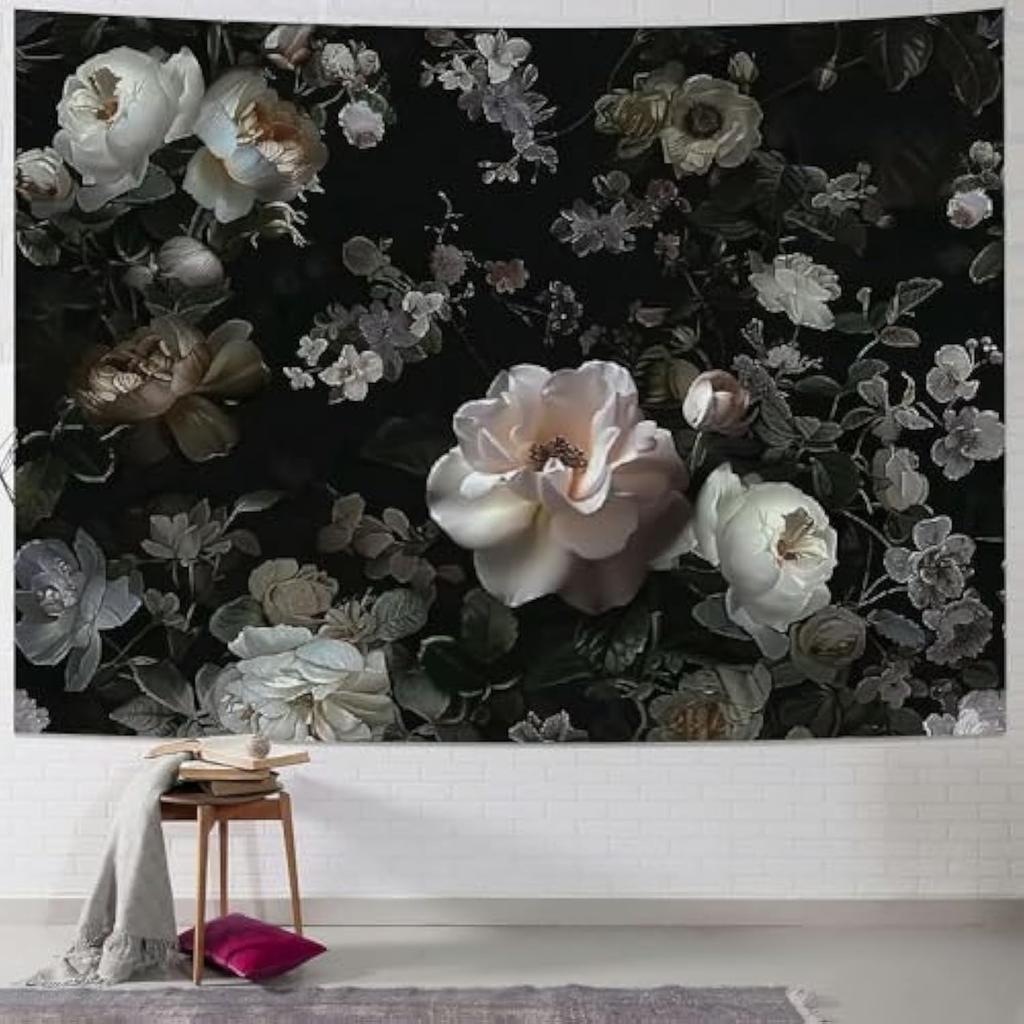 1 Piece Vintage Black Floral Tapestry - Country Roses and Peonies Watercolor Design, Bohemian Living Room Wall Art