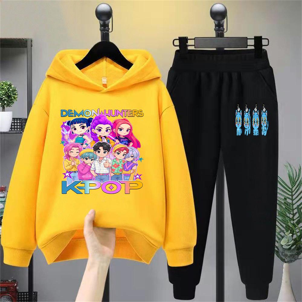 Kinder Dämonenjäger Kpop Cartoon Charakter Hoodie Set, Modisches Freizeit-Sweatshirt & Hosen Outfit für Kinder, Trendiger K - Pop Stil
