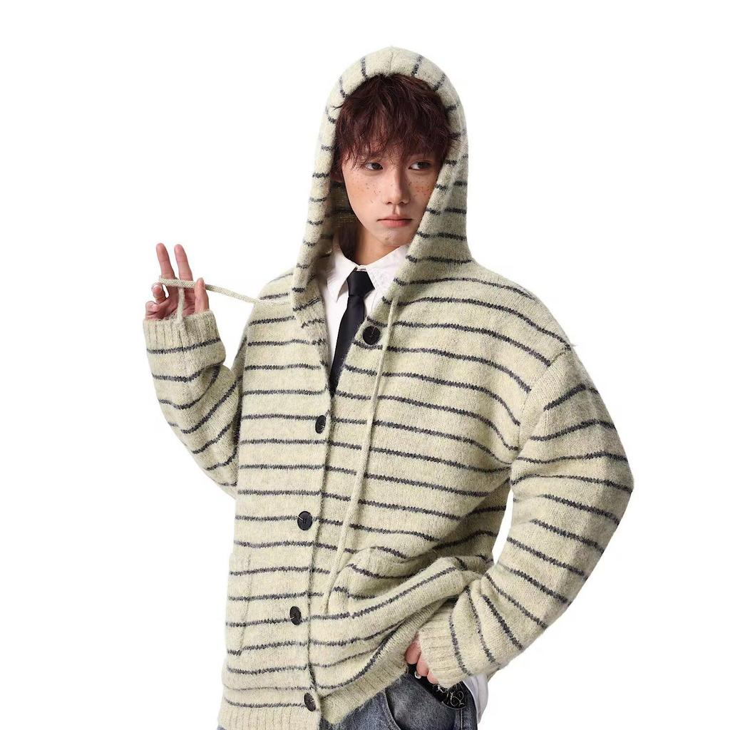 Unisex Schwergewichtiger, gestreifter Kapuzencardigan, Herbst/Winter, Koreanischer Stil, Strickpullover aus Wolle für Paare.