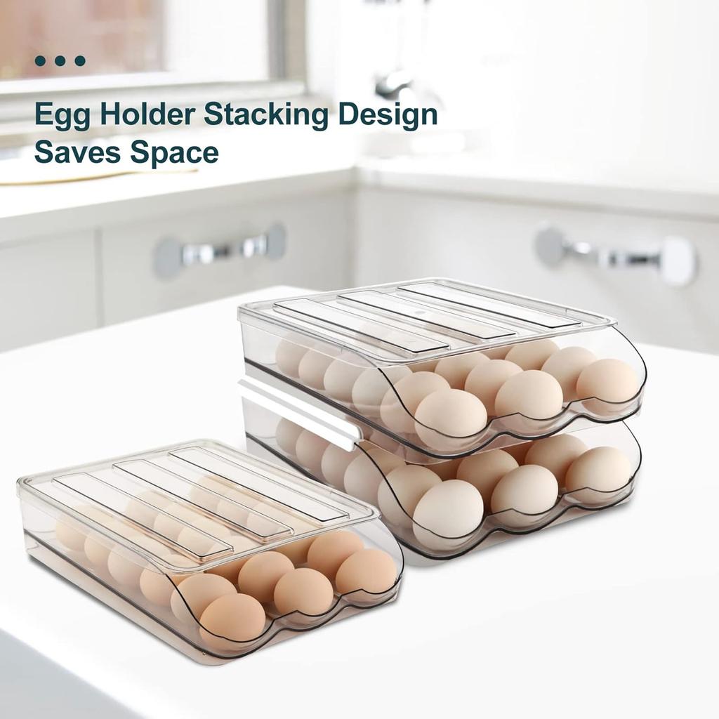 Egg Holder for Fridge,Automatically Rolling Egg Storage Container for Refrigerator Large Capacity Egg Organizer for Fridge with Lid Clear Plastic