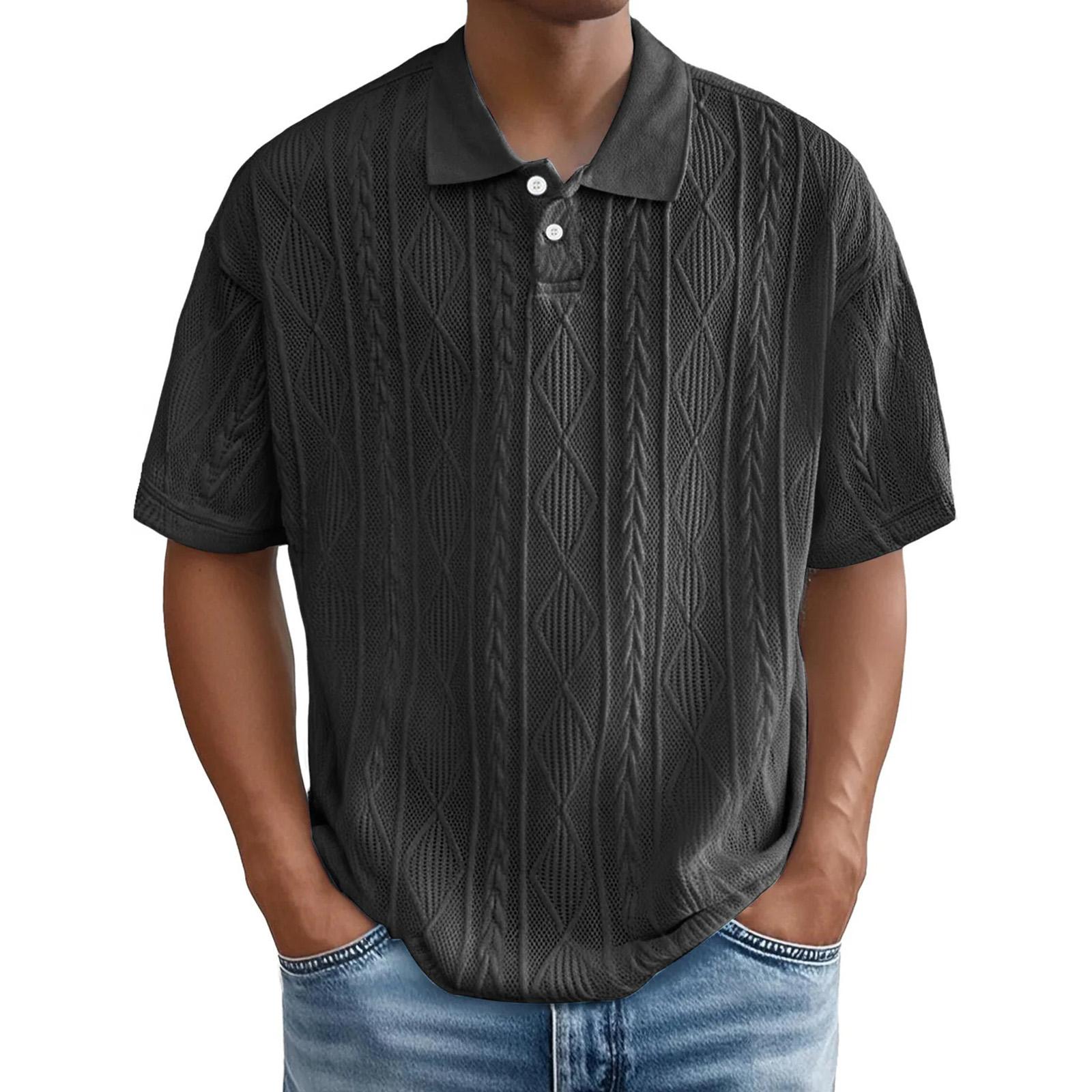 Relaxed-textured Shirt With Retro Collar, Breathable Men s Short-sleeve T-shirt S чёрный