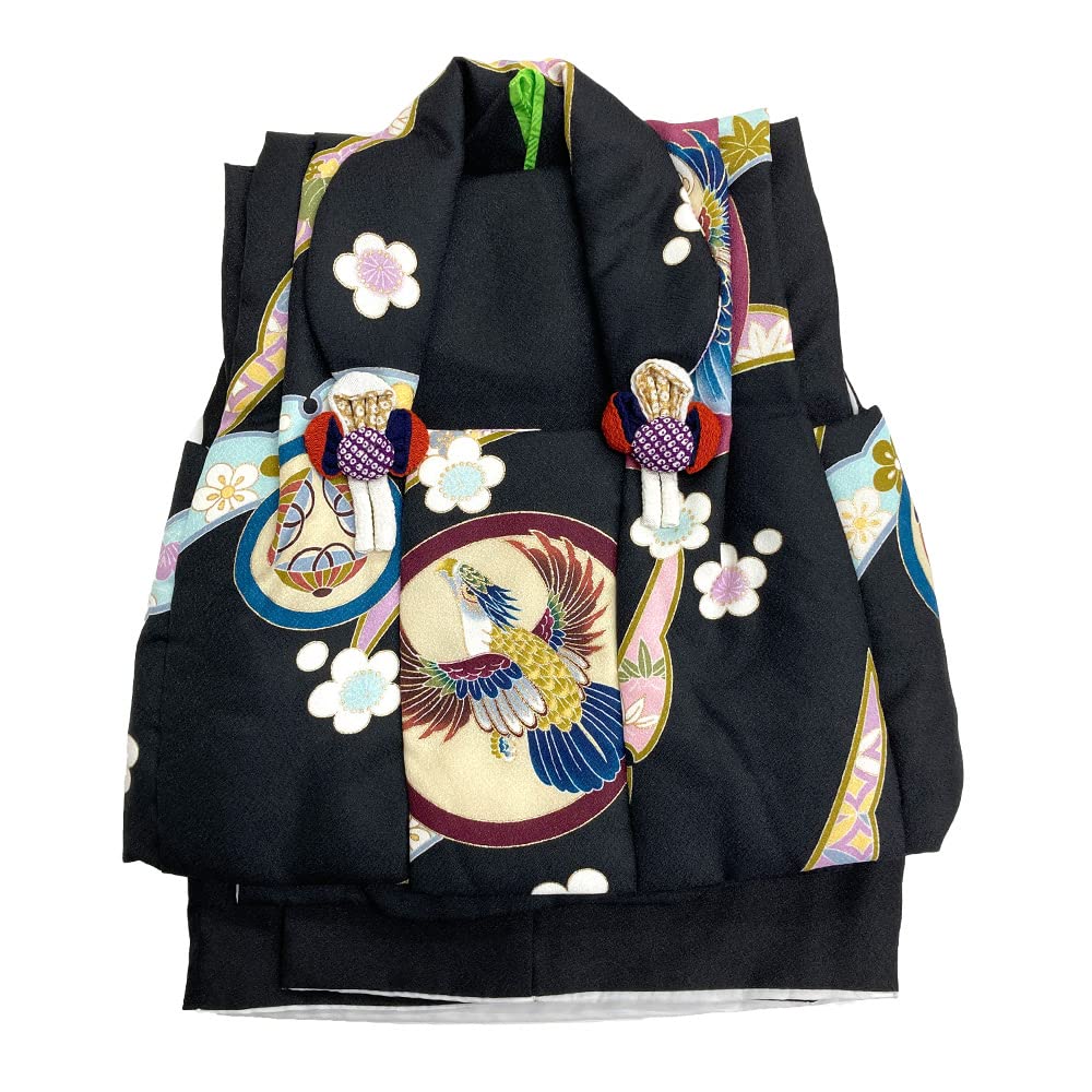 Kyoto Kimono Yuzen Hifu Set (for Ages 0-1) for Baby Boys, First Meal and First Festival, Two-Piece Kimono and Hifu Set (Black X Black with Hawk)