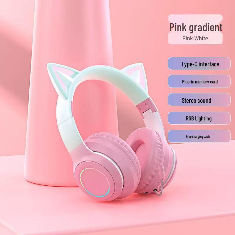 2025 New Cute Wireless Over-Ear Cat Ear Headphones with Mic, Noise Cancelling for Children's Gaming - Girls' Style