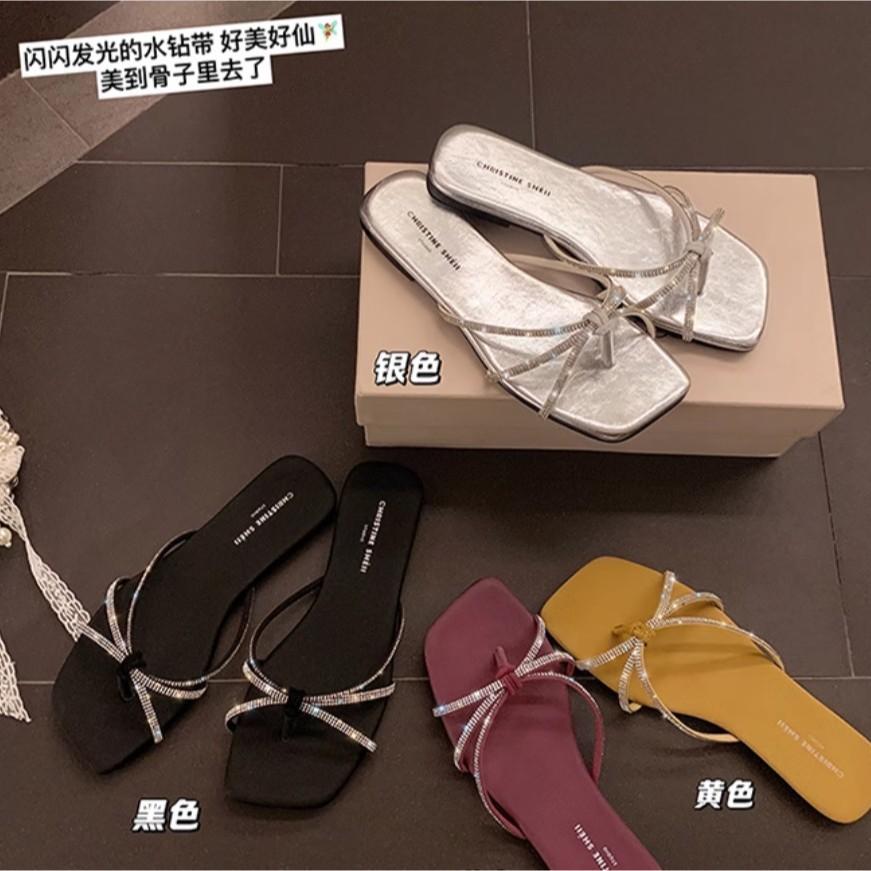 [Grape mother of the same style] Moonlight Wonderland~ Rhinestone thin strap toe flat-bottomed flip-flops women's sandals to wear outside summer