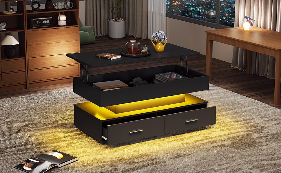100*50*44cm Hydraulic Height-adjustable Coffee Table, with LED Lighting, Bluetooth App Control, 2 Drawers and Open Storage, Black Liftable