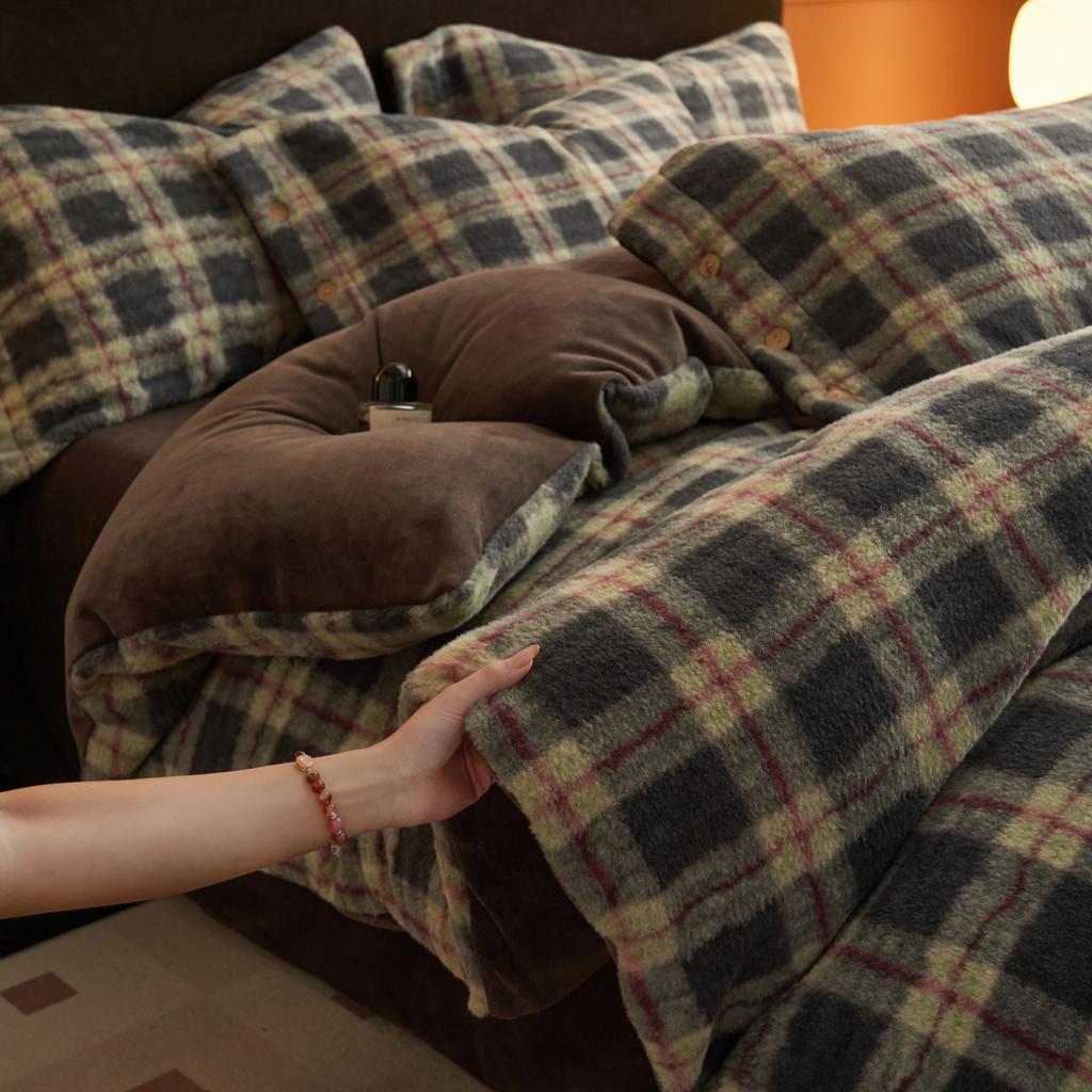 Imitation Cashmere Four-Piece Set, Thickened Milk Fleece Bed Sheet, Quilt Cover, Double-Sided Coral Fleece Bed Hat, Bedding