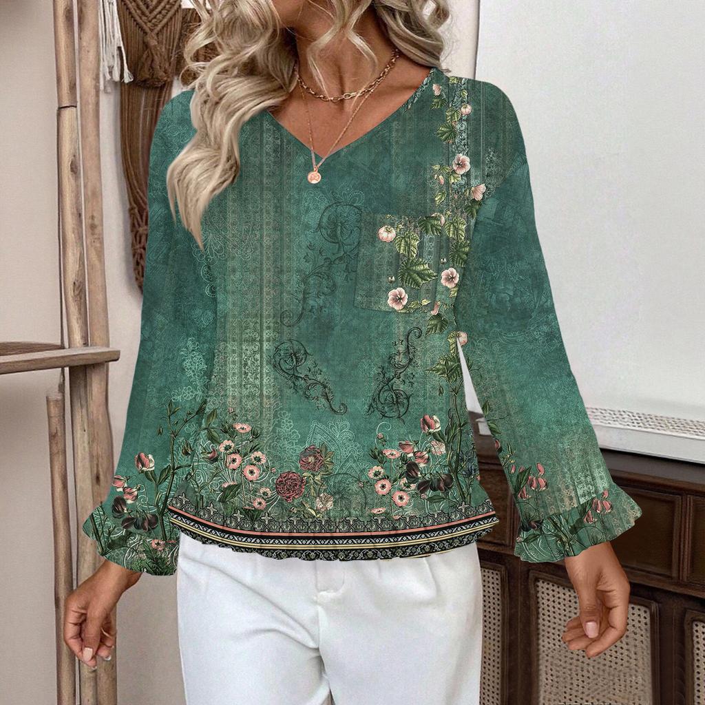 Women's Casual Fashion Ruffle V-Neck Pocket Retro Print Long Sleeve Top