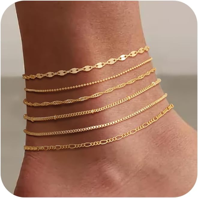 Waterproof Ankle Bracelets for Women, 14K Real Gold Filled Anklets for Women 6PCS Anklet Set Dainty Summer Beach Jewelry