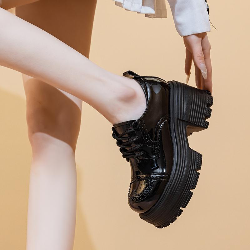 Brogue Women's Shoes 9cm Thick-soled Lace-up Loafers Female Comfortable and Height-enhancing Women High Heels