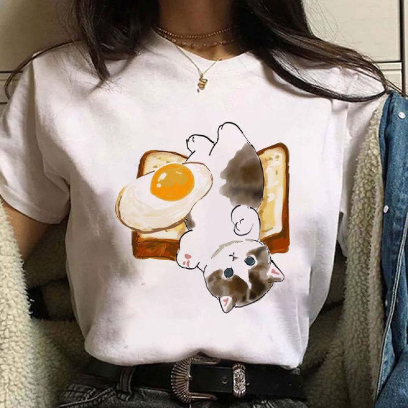 Cute Cat Print Short Sleeves Women's Tshirt Fashion Streetwear Y2k Clothing Sportwear Harajuku Pullover Tops Tees Summer Spring