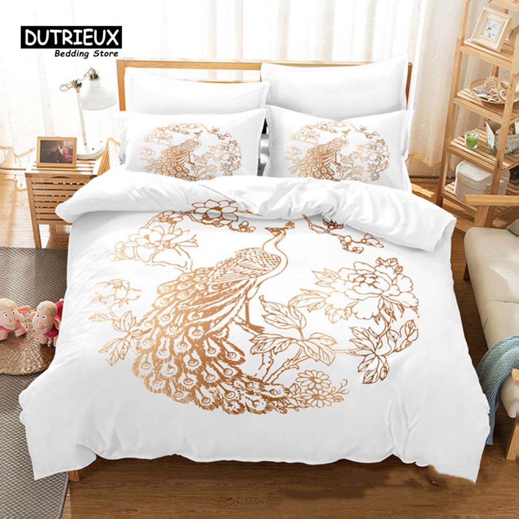 Peacock Feather Bedding Set Peacock Duvet Cover Set Single Double King For Adult Women Microfiber Comforter Cover Bedroom Decor