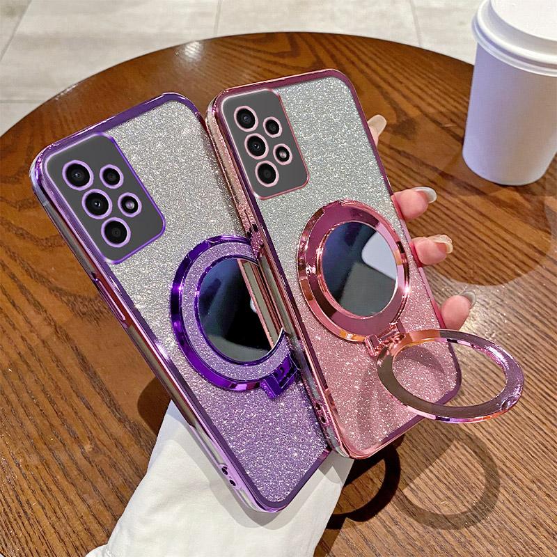 Bling Magnetic Phone Case For Samsung Galaxy A11 A12 A13 A14 A15 A16 Glitter Mirror Stand Silicone Protector Soft Cover A16 Case