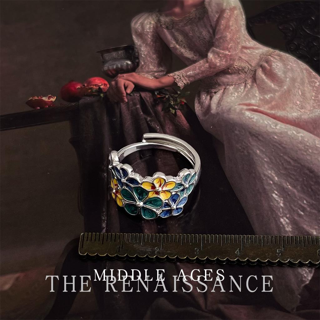 Retro Blue Enamel Drip Glaze Floral Adjustable Ring for Women