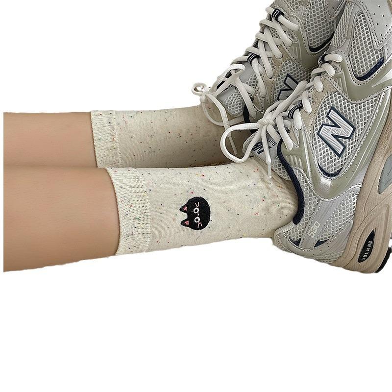 Cute Cat Plush Socks for Women, Spring and Autumn Pure Cotton Cartoon Illustration Mid-calf Socks, Polka Dot Yarn Heart-shaped Pile Socks