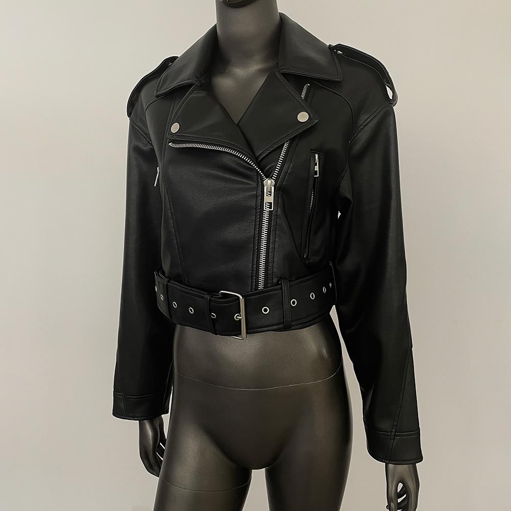 

2024 European Style Spring/Autumn Slimming PU Leather Jacket for Petite Women - Motorcycle Short Design M (125-135 kg)