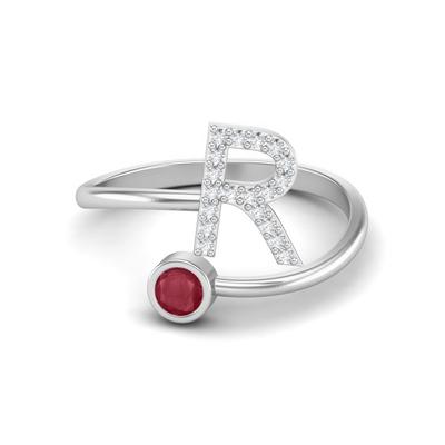 Capital R Initial Letter Ruby 925 Sterling Silver Women Adjustable Front Open Ring