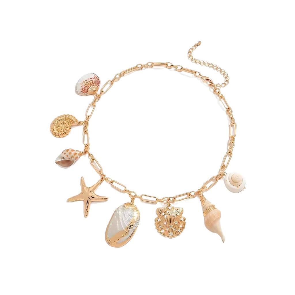 Colar Dourado Conchas e Estrela do Mar Estilo Oceano Colar Feminino - Coleção Elegante Oceano, Hipoalergênico e Anti-desbotamento