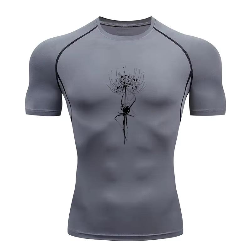Herren Kompressions-T-Shirt, Fitnessstudio Laufen Schnell Atmungsaktiv Trocken Enganliegende Sportbekleidung, Totenblumen-Aufdruck T-Shirt Kurzarm RL0546