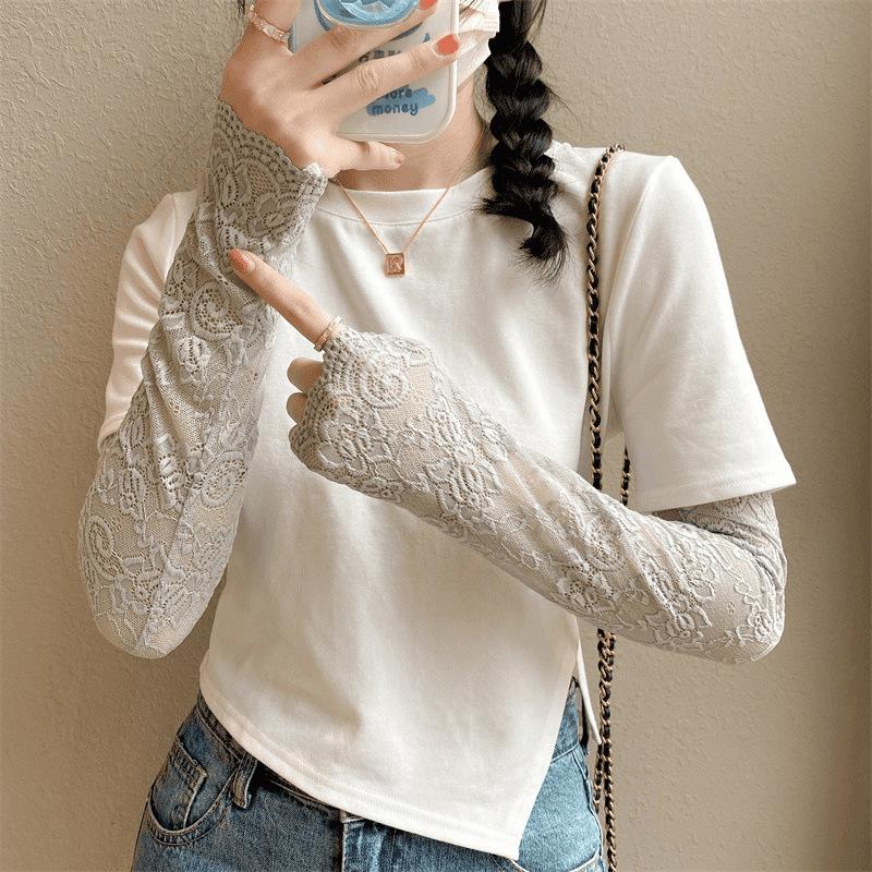 

1 Pair Black White Long Fingerless Mittens Sunscreen Gloves Women Summer Ice Silk Lace Arm Sleeve Elastic Sleeve Driving Gloves