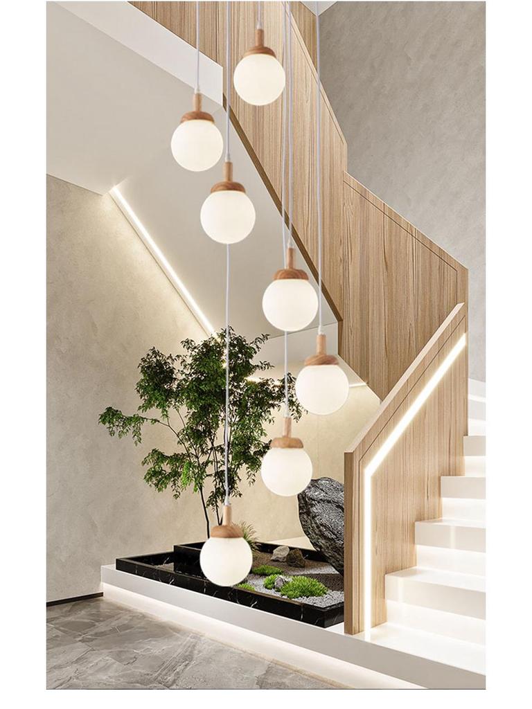 Nordic Solid Wood Spiral Staircase Chandelier for Dining Room and Mezzanine