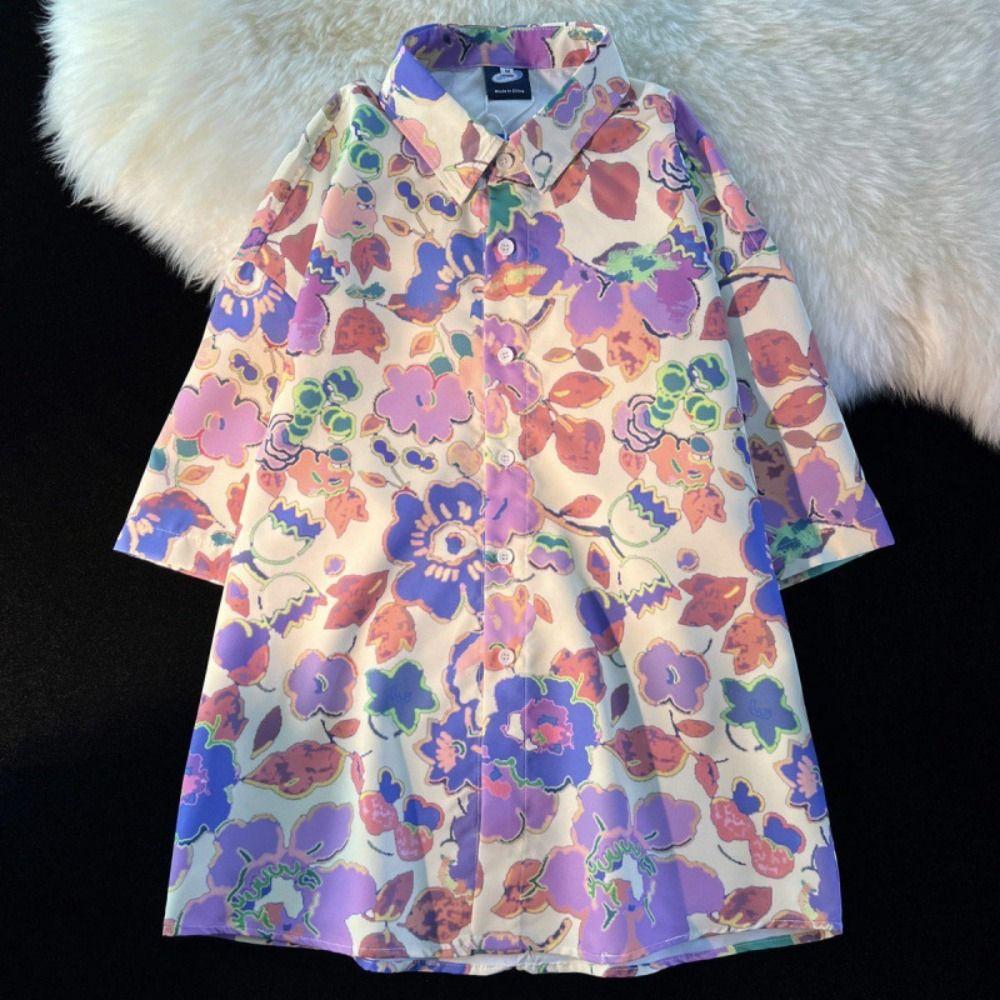 

Блузка большого размера с фиолетовыми цветами и отложным воротником, Гавайская рубашка, женская рубашка для девочек, путешествия, отпуск