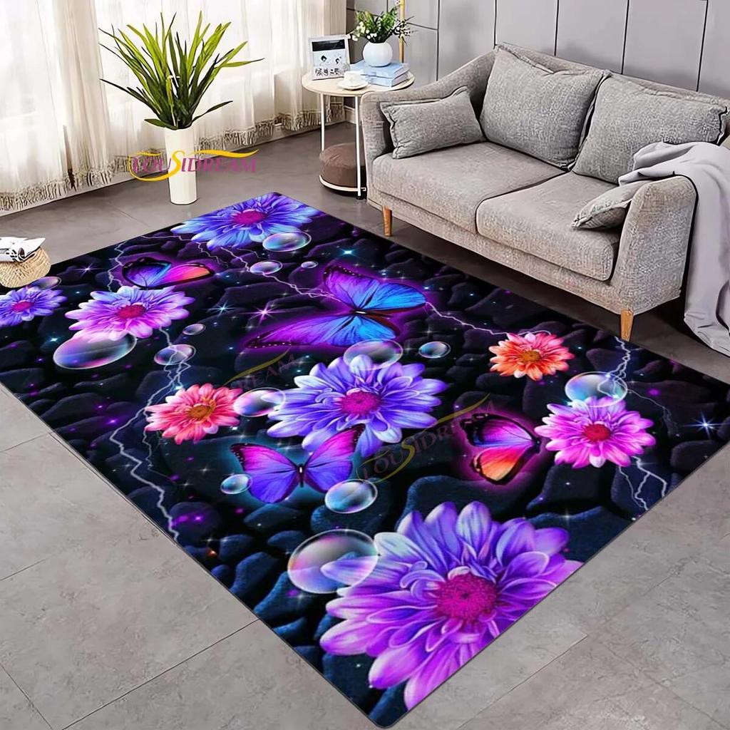 Koberec 3D Daisy Flowers Butterflies Velkoplošné koberce Barevný Butterfly Sunflower Koberec do obývacího pokoje Ložnice Herna Domácí dekorace