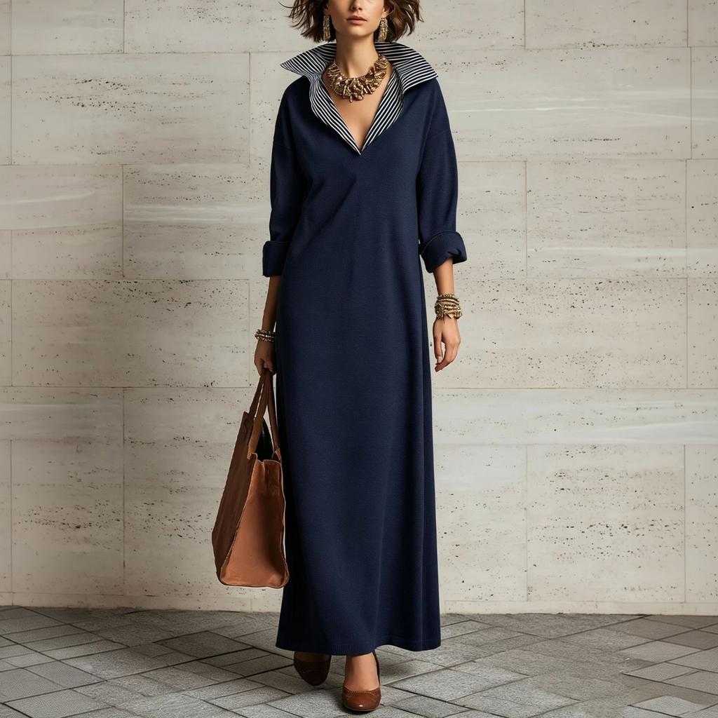 Women's Elegant Lapel Collar Long Sleeve Loose Fit Knit Maxi Dress