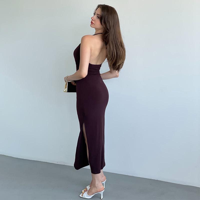 2025 Women's Autumn Solid Sleeveless Backless Slit Bodycon Dress
