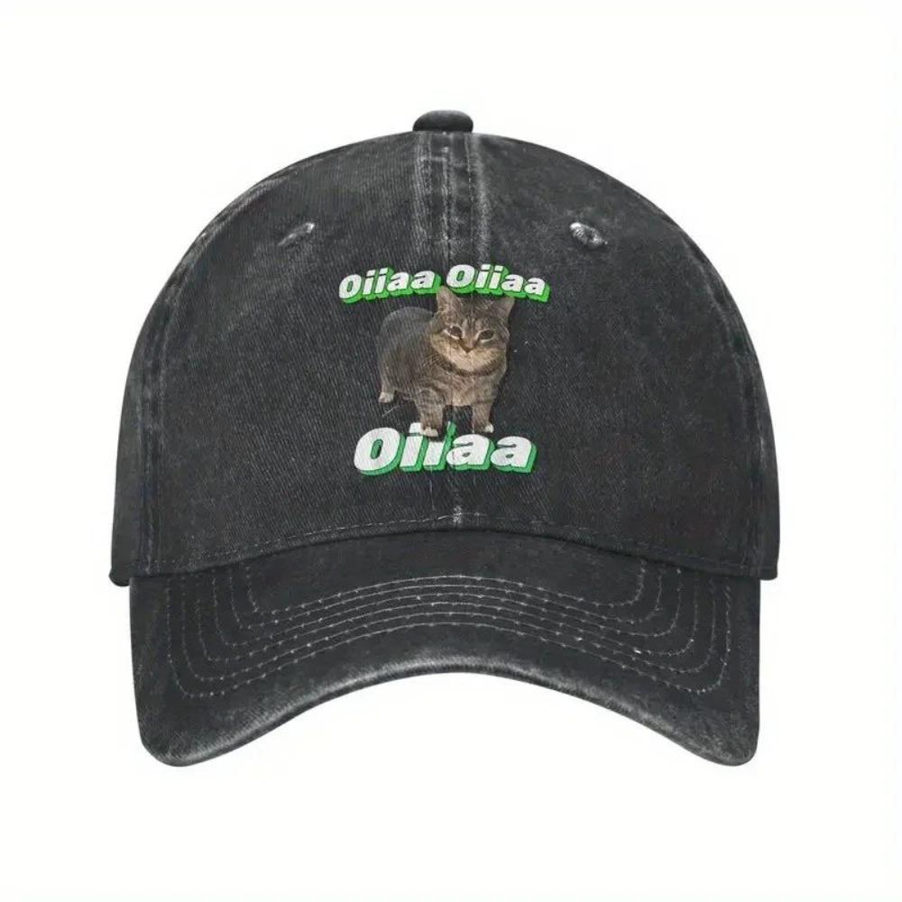 OIIAA Retro Spinning Cat Meme Baseball Cap Adjustable Lightweight Distressed Washed Black Hat with Green Text Casual Outdoor