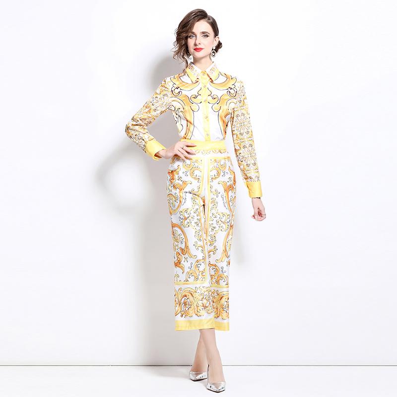 

Весна Осень Модный Дизайнерский Подиумный Комплект Из 2-х Частей Женская Рубашка С Лацканами И Эластичный Талия Карман Брючный Костюм 2XL жёлтый