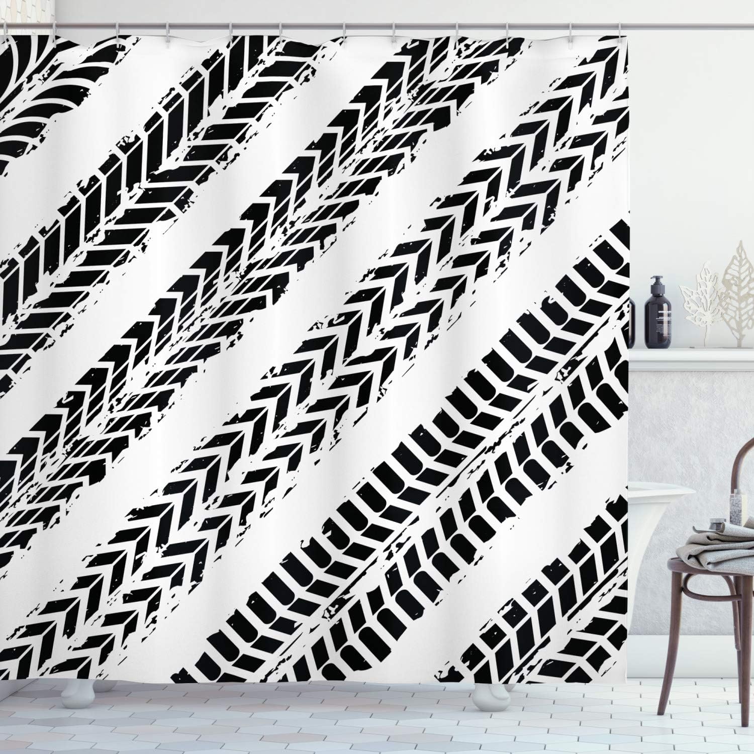 

Black White Tire Track Shower Curtain Geometric Pattern Modern Design Bath Decor Waterproof Fabric Home Accessories W60H190(CM)-1 Pcs