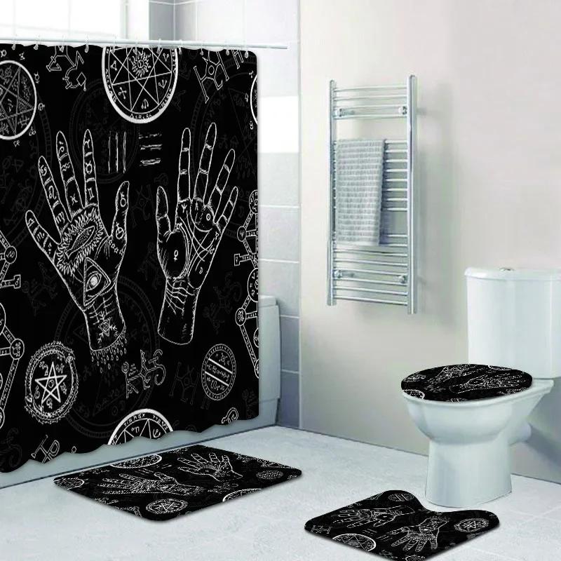 Meisjesachtig Bohemien Zwart Alchemie Magie Heks Hekserij Badkamer Douchegordijnen Set Halloween Schedel Tarot Badmatten Kleed Huisdecoratie (as the picture,W200xH180cm)