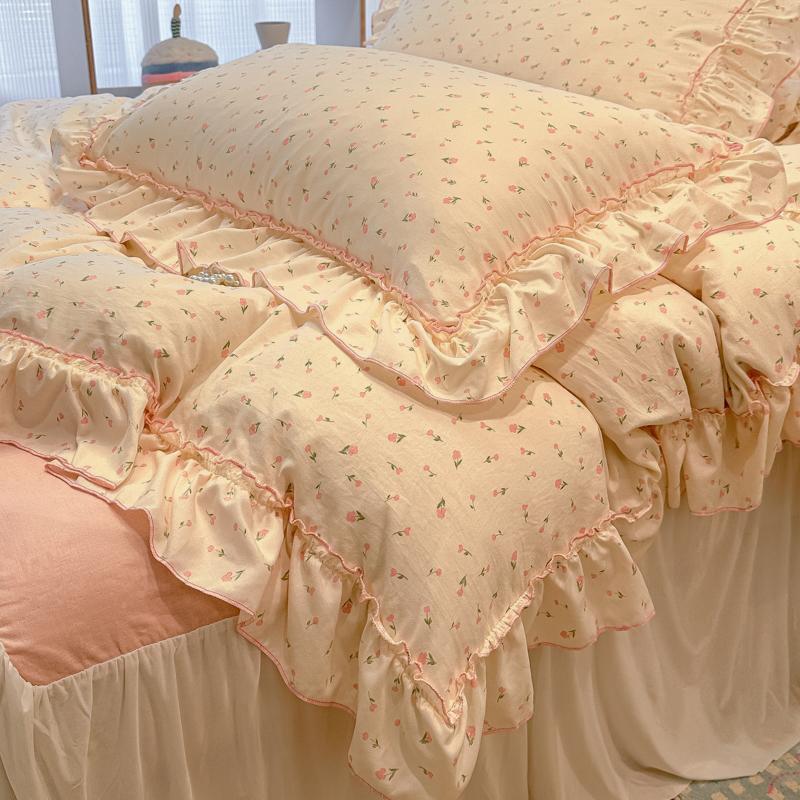3/4Pc Korean Princess Style Floral Ruffles Bedding Set Single Queen Size Soft Skin-friendly Washed Cotton Duvet Cover Pillowcase