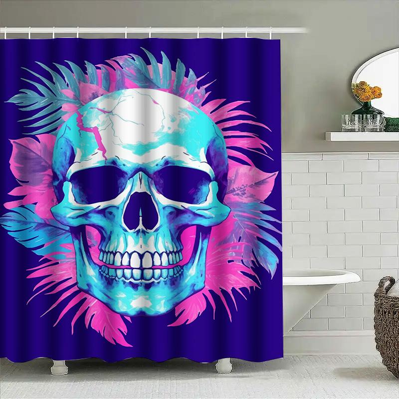 Artistic Skull Shower Curtain Neon Blue Pink Decor For Bathroom, Easy Hanging Shower Panels Modern Home Accents Decoration
