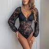 Damen Spitzen-Bodysuits V-Ausschnitt Langarm Korsett-Body Sexy Durchsichtiges Mesh Floraler Jumpsuit Top Einfarbige Bodysuits