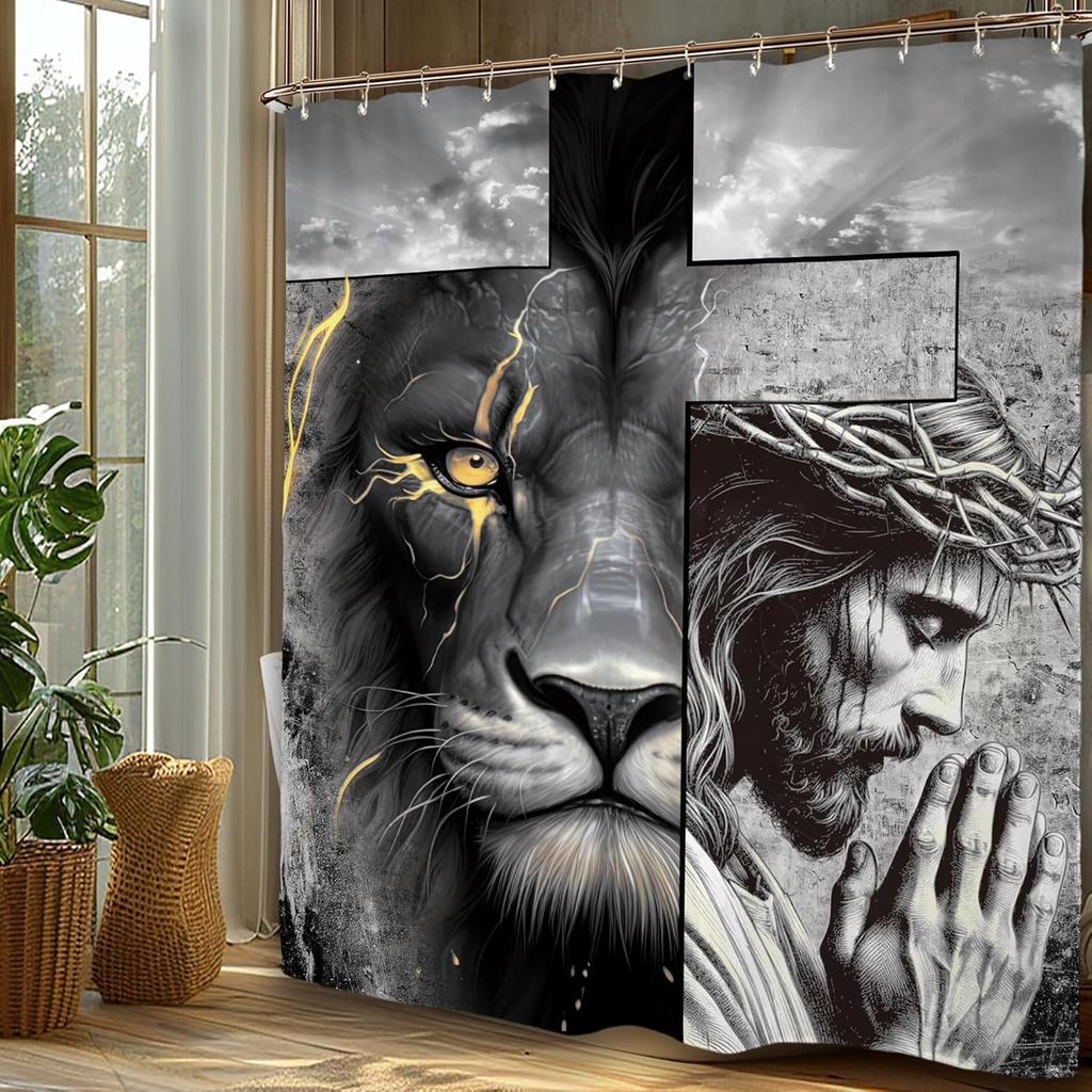 Lion Man Shower Curtain Set - Black/Gold Motivational Quotes, Waterproof Masculine Bath Decor Inspirational Male Design