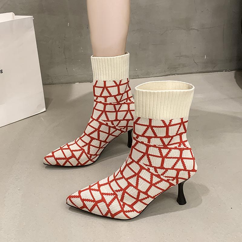 Women's Fashion Boots Pointed Toe Thin Heels Mixed Colors Knitted Boots Fashion All-match Breathable Mesh Women Stretch Boots