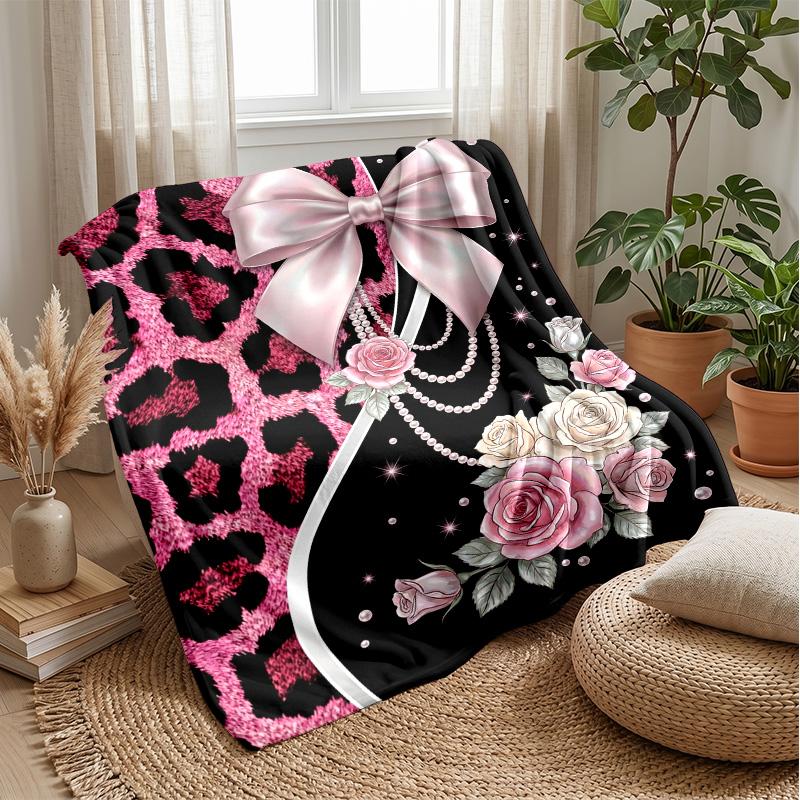 Pink Leopard Roses Bow Theme blanket Lightweight Warm Flannel Blanket Decorative Throw Blanket for Home Decoration