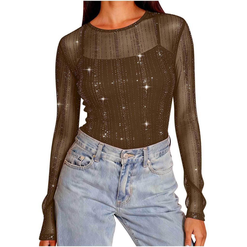 Women's High-Neck Sequin Long Sleeve Top - Spring/Autumn 2026, Stylish & Transparent Inner Layer