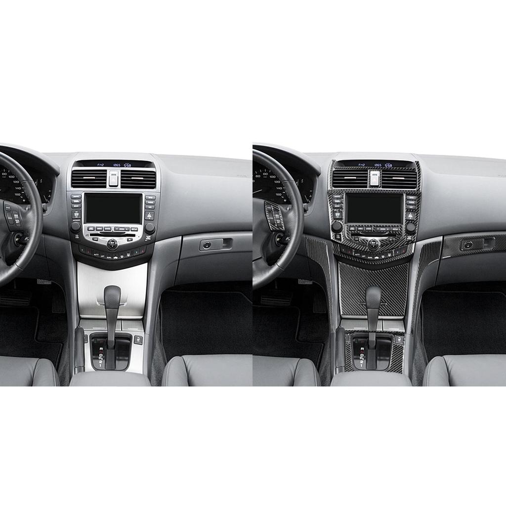 Carbon Fiber Interior Parts for Honda Accord 03-07: Steering Wheel, Window Lifters, Center Console, and Instrument Panel.