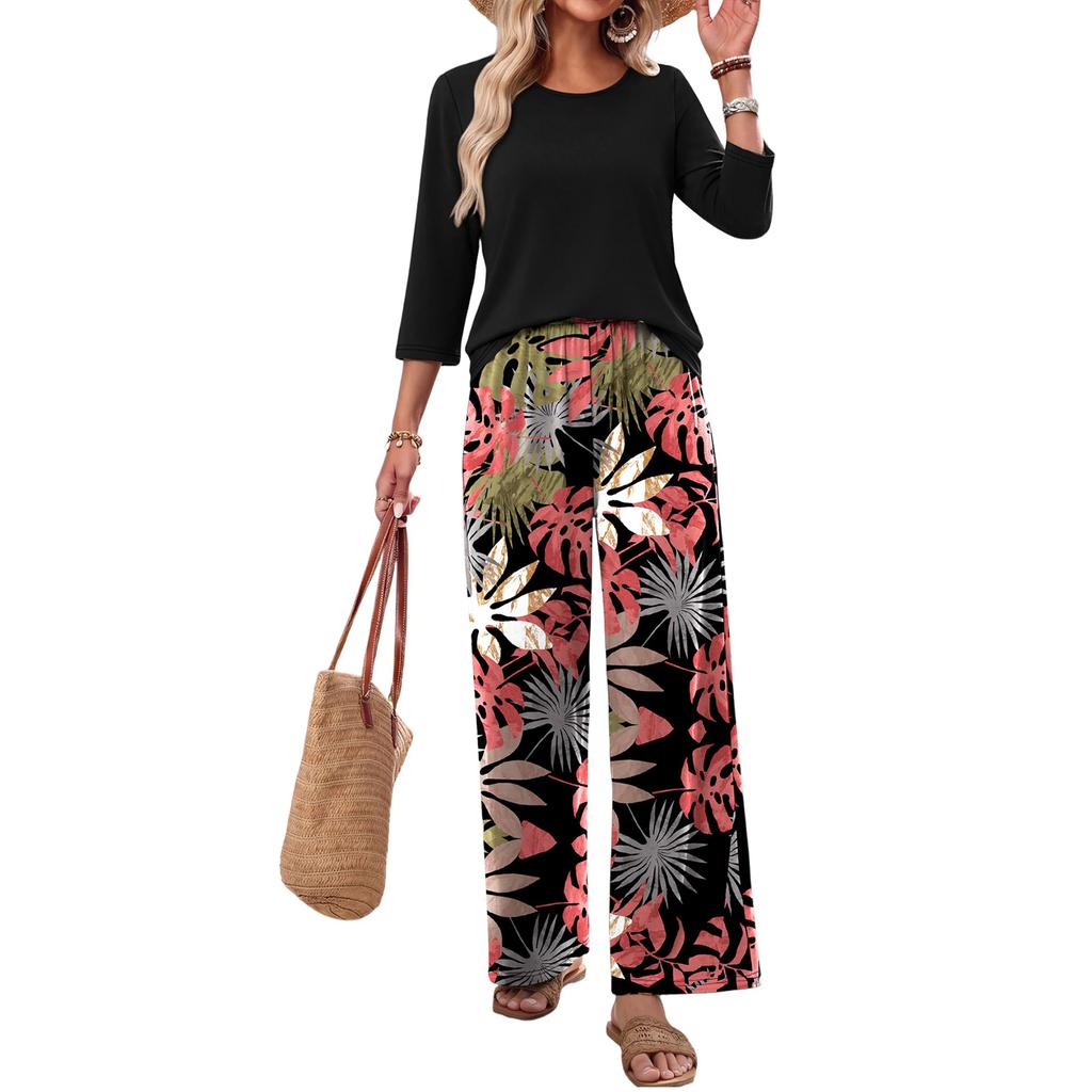 Women Casual Loose Fit Printed Three Quarter Sleeve Round Neck Top with Wide Leg Pants Two Piece Set Comfortable Relaxed Fit
