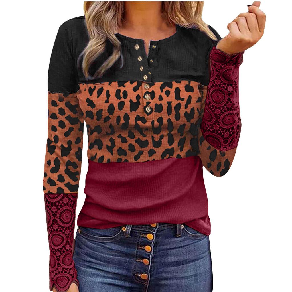 Women Fashion Patchwork Printing Lace Long Sleeve Casual Button Pullover Sweatshirt Top