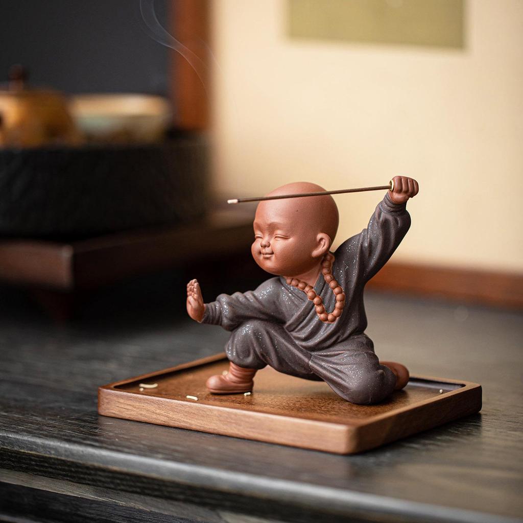 Kung Fu Kid Little Monk Zen Incense Holder - Indoor Sandalwood Burner for Coffee Tables and Tea Rooms.