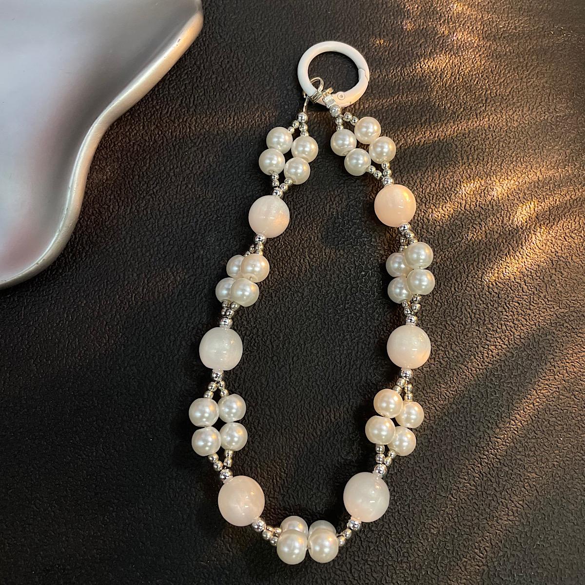 

Creative Double White Pearl Beaded Hand Strap Short Wrist Lanyard for Phone Case Car Keys Bag Accessories