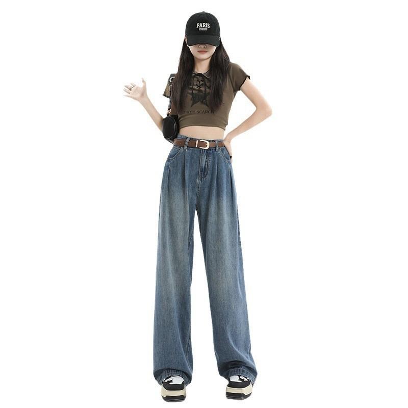 High Waist Pleated Super Soft Wide Leg Jeans Women's Drape Loose and Thin Versatile Design Mopping Straight Pants