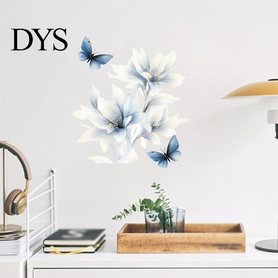 Peel And Stick Ink Wash Wall Decor Ink-Washed Blue Floral Stickers with Butterflies, Delicate Lily Decals for Living Room Bedroom Glass Windows,