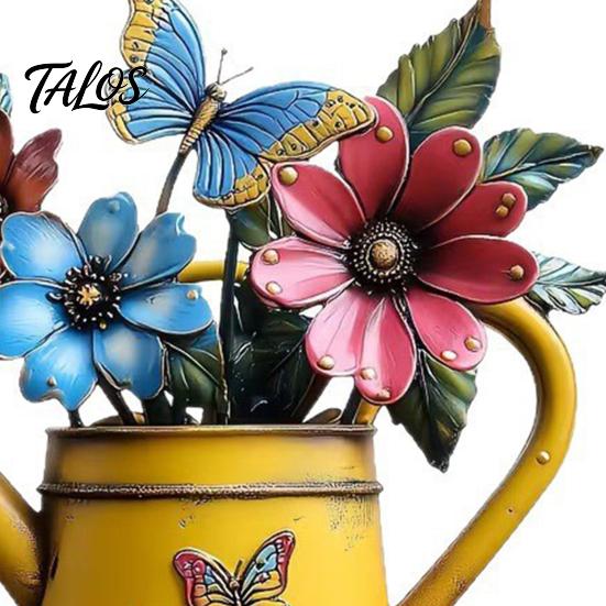 Country Style Entrance Decor Rustic Metal Watering Can Wall Art, Flower Butterfly Welcome Sign, Farmhouse Decorative Flowers for Fence Iron
