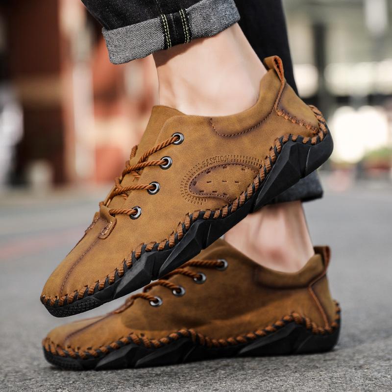 Men Brown Moccasins Hiking Shoes Handmade Black Flats Driving Shoes Casual Wide Head Shoes Plus Size